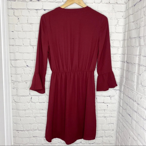 Maurices Wine Red V-Neck Tie Waist Flare Bell Sleeve Dress Size XS - Picture 8 of 12